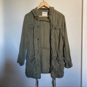 Army Green Zip Up Drawstring Hooded Jacket